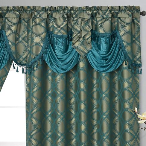 GOHD Dance with Wind. Jacquard Window Curtain Panel Drape with Attached Fancy Valance. 2pcs Set. Each pc 54 inch Wide x 84 inch Drop with 18 inch Valance. (Teal) in Saudi Arabia