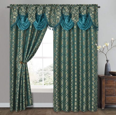 GOHD Dance with Wind. Jacquard Window Curtain Panel Drape with Attached Fancy Valance. 2pcs Set. Each pc 54 inch Wide x 84 inch Drop with 18 inch Valance. (Teal) in Saudi Arabia
