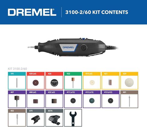 مجموعة الأدوات الدوارة ذات السرعة المتغيرة 3100-2/60 من Dremel - ملحقان و60 ملحقًا، مثالية لمجموعة متنوعة من مشاريع الأعمال اليدوية والأشغال اليدوية - القطع، والصنفرة، والطحن، والتلميع، والحفر، والنقش in Kuwait