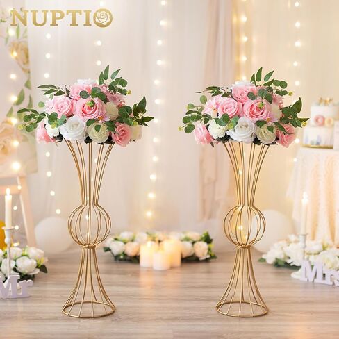 NUPTIO Gold Metal Vase, 2 Pcs 23.6 inch Tall Geometric Trumpet Centerpiece for Wedding, Table Decorations & Home Decor in Saudi Arabia