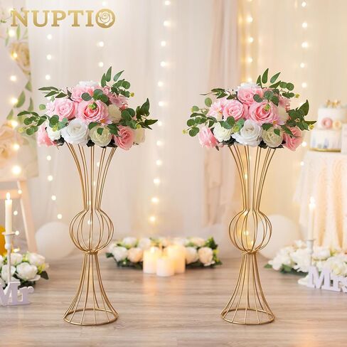 مزهرية معدنية ذهبية من NUPTIO، قطعتان من قطعة مركزية بوق هندسي بطول 23.6 بوصة لحفلات الزفاف وديكورات الطاولة وديكور المنزل in Kuwait