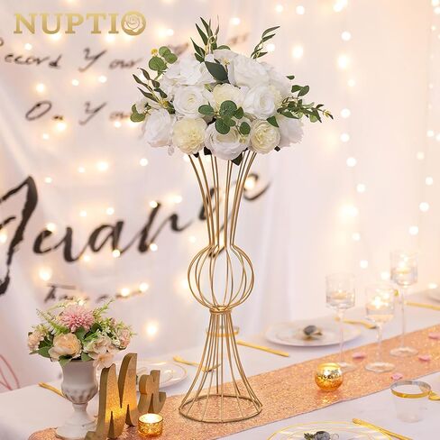 مزهرية معدنية ذهبية من NUPTIO، قطعتان من قطعة مركزية بوق هندسي بطول 23.6 بوصة لحفلات الزفاف وديكورات الطاولة وديكور المنزل in Kuwait