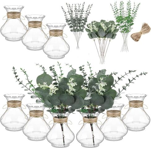 Bokon 9 حزمة المزهريات زهرة لباقة فو وهمية الزهور الأوكالبتوس في مزهرية مع الحبال للزينة الجدول المركزية الزفاف مزرعة مكتب المطبخ ديكور المنزل ريفي in Kuwait