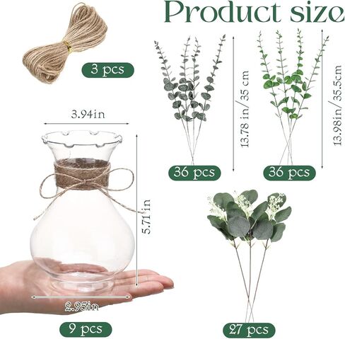 Bokon 9 حزمة المزهريات زهرة لباقة فو وهمية الزهور الأوكالبتوس في مزهرية مع الحبال للزينة الجدول المركزية الزفاف مزرعة مكتب المطبخ ديكور المنزل ريفي in Kuwait