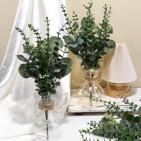 Bokon 9 حزمة المزهريات زهرة لباقة فو وهمية الزهور الأوكالبتوس في مزهرية مع الحبال للزينة الجدول المركزية الزفاف مزرعة مكتب المطبخ ديكور المنزل ريفي in Kuwait