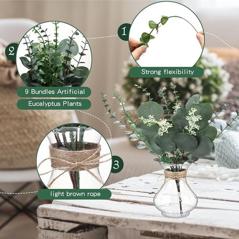 Bokon 9 حزمة المزهريات زهرة لباقة فو وهمية الزهور الأوكالبتوس في مزهرية مع الحبال للزينة الجدول المركزية الزفاف مزرعة مكتب المطبخ ديكور المنزل ريفي in Kuwait