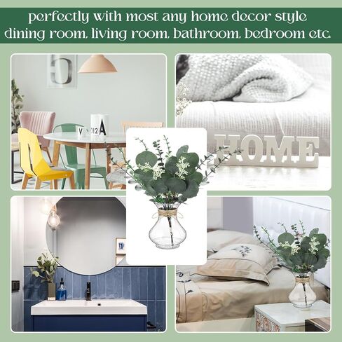 Bokon 9 حزمة المزهريات زهرة لباقة فو وهمية الزهور الأوكالبتوس في مزهرية مع الحبال للزينة الجدول المركزية الزفاف مزرعة مكتب المطبخ ديكور المنزل ريفي in Kuwait