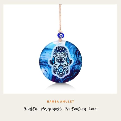 ديكور جدار منزلي من الزجاج الأزرق من همسة مع تميمة عين شريرة للحماية، وبركات وفيرة، وصحة جيدة وازدهار - تأتي في صندوق هدايا للتدفئة بالمنزل الجديد، والمضيفة in Kuwait