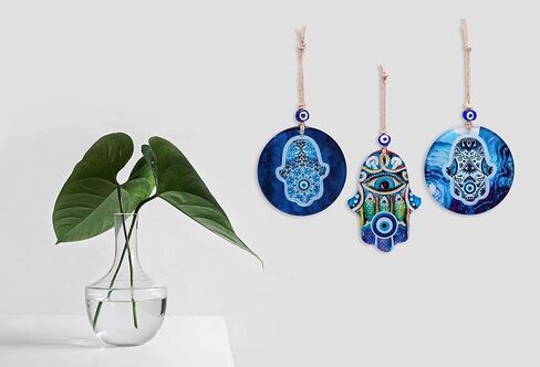 ديكور جدار منزلي من الزجاج الأزرق من همسة مع تميمة عين شريرة للحماية، وبركات وفيرة، وصحة جيدة وازدهار - تأتي في صندوق هدايا للتدفئة بالمنزل الجديد، والمضيفة in Kuwait