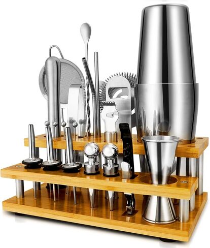 Cocktail Shakers Set Complete 24-Piece Bartender Kit Silver with Bar Tool Stand and Barware Tools Set for Home Bartending: Includes Boston Shaker, Jigger, Strainer, Mixer Spoon, Muddler, and More in Saudi Arabia