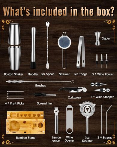 Cocktail Shakers Set Complete 24-Piece Bartender Kit Silver with Bar Tool Stand and Barware Tools Set for Home Bartending: Includes Boston Shaker, Jigger, Strainer, Mixer Spoon, Muddler, and More in Saudi Arabia