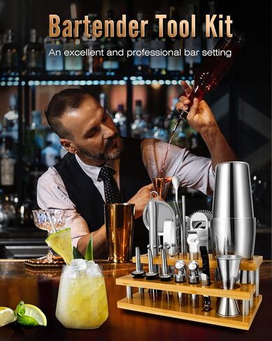 Cocktail Shakers Set Complete 24-Piece Bartender Kit Silver with Bar Tool Stand and Barware Tools Set for Home Bartending: Includes Boston Shaker, Jigger, Strainer, Mixer Spoon, Muddler, and More in Saudi Arabia
