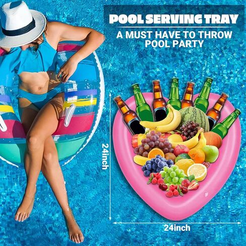 4 قطع مبرد قابل للنفخ على شكل قلب قابل للنفخ لتقديم الثلج، مشروب سلطة، يطفو، صينية ثلج لتقديم الطعام، صواني البوفيه مع قابس تصريف، شواء، نزهة صيفية، حفلة حمام السباحة، 24 × 24 بوصة (وردي) in Kuwait