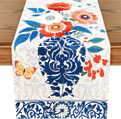 WRAPAHOLIC Blue and White Porcelain Table Runner - 13 x 72 Inch - Farmhouse Indoor Kitchen Anniversary Wedding Dining Table Decoration for Home Party in Saudi Arabia