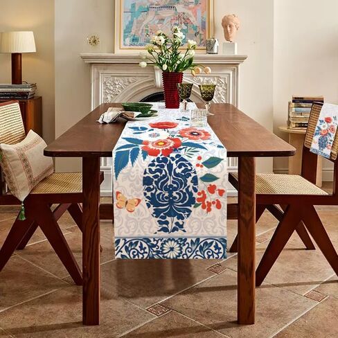 WRAPAHOLIC Blue and White Porcelain Table Runner - 13 x 72 Inch - Farmhouse Indoor Kitchen Anniversary Wedding Dining Table Decoration for Home Party in Saudi Arabia