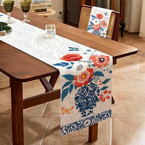 WRAPAHOLIC Blue and White Porcelain Table Runner - 13 x 72 Inch - Farmhouse Indoor Kitchen Anniversary Wedding Dining Table Decoration for Home Party in Saudi Arabia