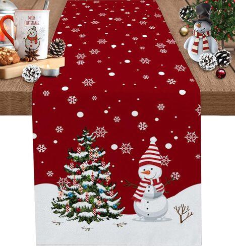 Winter Christmas Table Runner-36in,Snowman Xmas Tree White Snowflake Dresser Scarves Red Linen Tabletop Runners for Kitchen Dining Room Holiday Party Tables Decor in Saudi Arabia