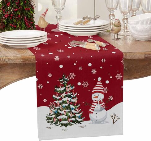 Winter Christmas Table Runner-36in,Snowman Xmas Tree White Snowflake Dresser Scarves Red Linen Tabletop Runners for Kitchen Dining Room Holiday Party Tables Decor in Saudi Arabia