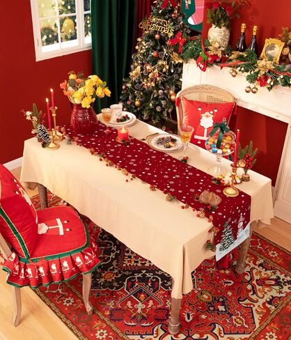 Winter Christmas Table Runner-36in,Snowman Xmas Tree White Snowflake Dresser Scarves Red Linen Tabletop Runners for Kitchen Dining Room Holiday Party Tables Decor in Saudi Arabia