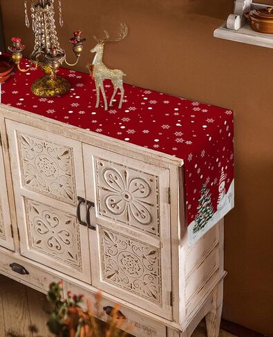 Winter Christmas Table Runner-36in,Snowman Xmas Tree White Snowflake Dresser Scarves Red Linen Tabletop Runners for Kitchen Dining Room Holiday Party Tables Decor in Saudi Arabia