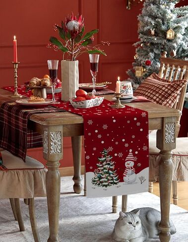Winter Christmas Table Runner-36in,Snowman Xmas Tree White Snowflake Dresser Scarves Red Linen Tabletop Runners for Kitchen Dining Room Holiday Party Tables Decor in Saudi Arabia