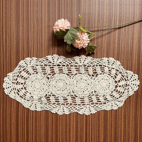 COOKY Handmade Crochet Doily Table Runners, Rustic Crochet Cloth Lace Doily Floral Table Placemats Oval Table Cloth for Home, Wedding, Party, Decoration, 11.5" x 23.5" (30cm x 60cm) - Beige in Saudi Arabia