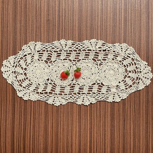 COOKY Handmade Crochet Doily Table Runners, Rustic Crochet Cloth Lace Doily Floral Table Placemats Oval Table Cloth for Home, Wedding, Party, Decoration, 11.5" x 23.5" (30cm x 60cm) - Beige in Saudi Arabia