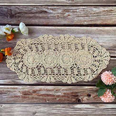 COOKY Handmade Crochet Doily Table Runners, Rustic Crochet Cloth Lace Doily Floral Table Placemats Oval Table Cloth for Home, Wedding, Party, Decoration, 11.5" x 23.5" (30cm x 60cm) - Beige in Saudi Arabia