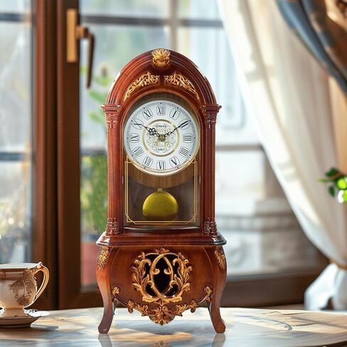 LANDCHY19''H خمر البندول رف ساعة الخشب مثل الانتهاء من ساعة الجد الراتنج ساعة الطاولة ساعات الذكرى السنوية لغرفة المعيشة ديكور مكتب فاندربيلت مانتيل ساعة الموقد، بني in Kuwait