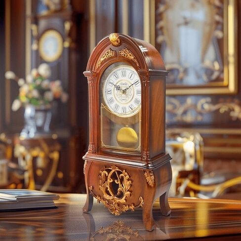 LANDCHY19''H خمر البندول رف ساعة الخشب مثل الانتهاء من ساعة الجد الراتنج ساعة الطاولة ساعات الذكرى السنوية لغرفة المعيشة ديكور مكتب فاندربيلت مانتيل ساعة الموقد، بني in Kuwait