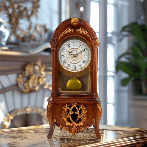 LANDCHY19''H خمر البندول رف ساعة الخشب مثل الانتهاء من ساعة الجد الراتنج ساعة الطاولة ساعات الذكرى السنوية لغرفة المعيشة ديكور مكتب فاندربيلت مانتيل ساعة الموقد، بني in Kuwait