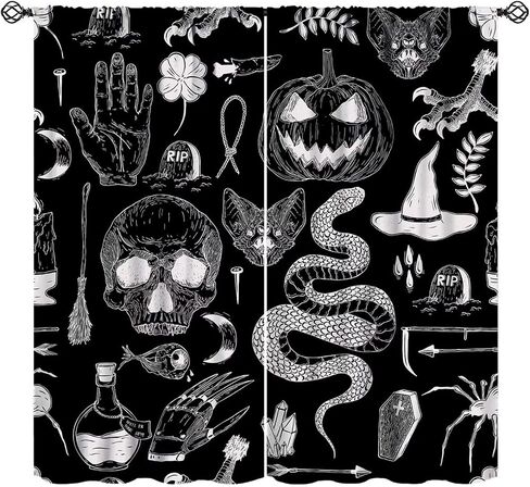 JESTRONRY Halloween Spooky Curtains, Magic Witch Pumpkin Horror Skull Spooky Boho Style Window Treatments Curtains for Living Room Bedroom Halloween Decor 42x45in in Kuwait