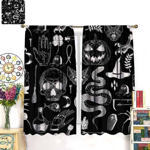 JESTRONRY Halloween Spooky Curtains, Magic Witch Pumpkin Horror Skull Spooky Boho Style Window Treatments Curtains for Living Room Bedroom Halloween Decor 42x45in in Kuwait