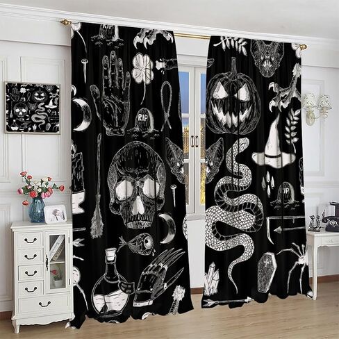 JESTRONRY Halloween Spooky Curtains, Magic Witch Pumpkin Horror Skull Spooky Boho Style Window Treatments Curtains for Living Room Bedroom Halloween Decor 42x45in in Kuwait