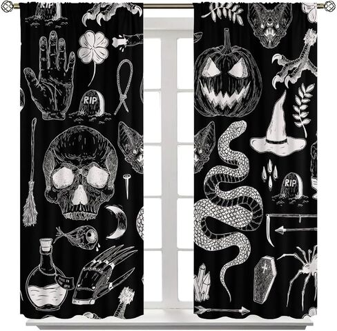 JESTRONRY Halloween Spooky Curtains, Magic Witch Pumpkin Horror Skull Spooky Boho Style Window Treatments Curtains for Living Room Bedroom Halloween Decor 42x45in in Kuwait