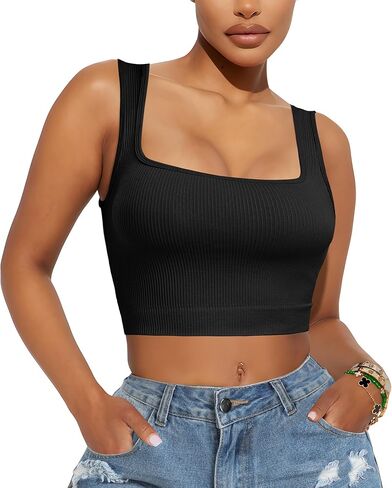 PEIQI المرأة الصيف ساحة الرقبة تانك القمم مضلع متماسكة المحاصيل القمم أكمام قمصان سليم المجهزة تمتد الأساسية سترة in Kuwait