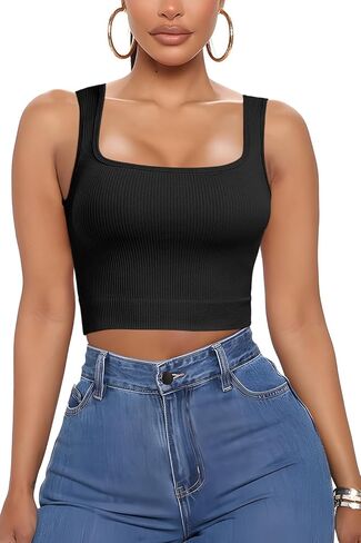 PEIQI المرأة الصيف ساحة الرقبة تانك القمم مضلع متماسكة المحاصيل القمم أكمام قمصان سليم المجهزة تمتد الأساسية سترة in Kuwait