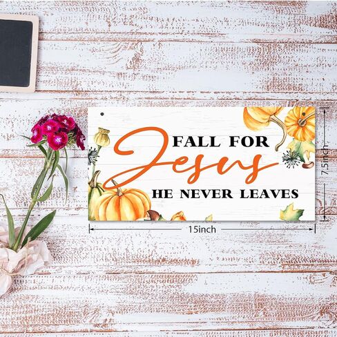 Autumn Decor Sign, Decorative Wooden Plaque Sign, Beautiful Fall Decor, Wall Decor Art, Christian Home Decor, Front Door Decor, Fall Wood Sign with Hanging Rope, Fall for Jesus, He Never Leaves Sign in Saudi Arabia