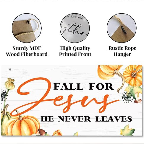 Autumn Decor Sign, Decorative Wooden Plaque Sign, Beautiful Fall Decor, Wall Decor Art, Christian Home Decor, Front Door Decor, Fall Wood Sign with Hanging Rope, Fall for Jesus, He Never Leaves Sign in Saudi Arabia