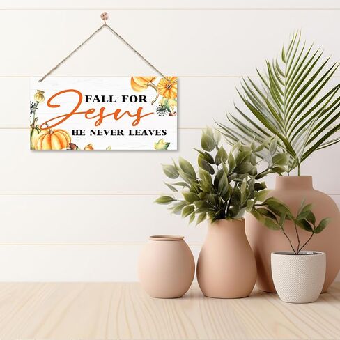 Autumn Decor Sign, Decorative Wooden Plaque Sign, Beautiful Fall Decor, Wall Decor Art, Christian Home Decor, Front Door Decor, Fall Wood Sign with Hanging Rope, Fall for Jesus, He Never Leaves Sign in Saudi Arabia
