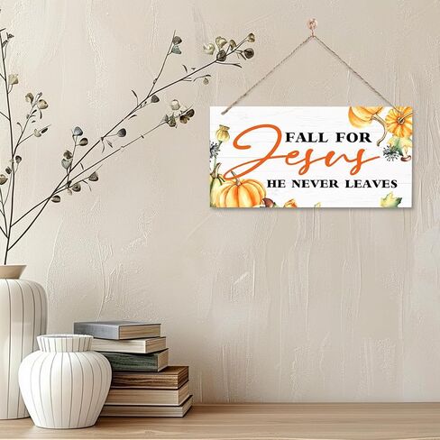 Autumn Decor Sign, Decorative Wooden Plaque Sign, Beautiful Fall Decor, Wall Decor Art, Christian Home Decor, Front Door Decor, Fall Wood Sign with Hanging Rope, Fall for Jesus, He Never Leaves Sign in Saudi Arabia