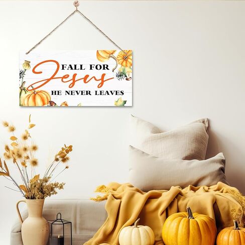 Autumn Decor Sign, Decorative Wooden Plaque Sign, Beautiful Fall Decor, Wall Decor Art, Christian Home Decor, Front Door Decor, Fall Wood Sign with Hanging Rope, Fall for Jesus, He Never Leaves Sign in Saudi Arabia