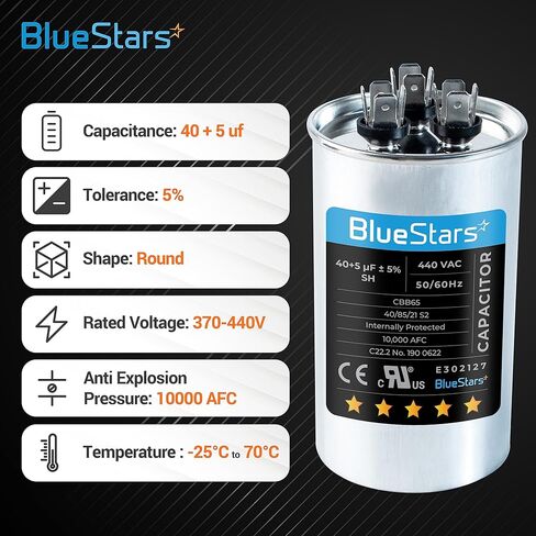 BlueStars 40+5 MFD uf 370 or 440 Volt VAC Round Dual Run Capacitor - Compatible for Air Conditioner or Heat Pump Condenser in Saudi Arabia