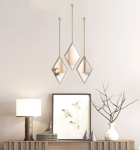 Ytwmzzz Mirror Wall Decor, Gold Mirror, Hanging Mirror, Decorative Mirror, Diamond Shaped Modern Mirror Aesthetic Mirror Art for Bedroom Living Room Home Entryway Decor, 3 PCS with Hanging Chain in Saudi Arabia