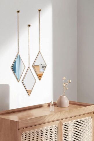 Ytwmzzz Mirror Wall Decor, Gold Mirror, Hanging Mirror, Decorative Mirror, Diamond Shaped Modern Mirror Aesthetic Mirror Art for Bedroom Living Room Home Entryway Decor, 3 PCS with Hanging Chain in Saudi Arabia