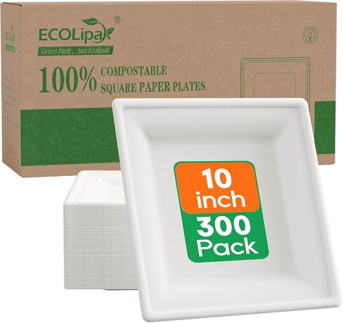 ECOLipak 6 Inch Compostable Square Paper Plates, 300 Count Heavy Duty White Small Paper Appetizer Plates, Disposable Biodegradable Dessert Plates for Daily meals, Dinner, Parties, BBQ in Saudi Arabia