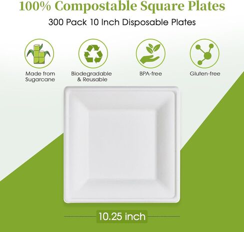ECOLipak 6 Inch Compostable Square Paper Plates, 300 Count Heavy Duty White Small Paper Appetizer Plates, Disposable Biodegradable Dessert Plates for Daily meals, Dinner, Parties, BBQ in Saudi Arabia