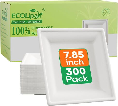 ECOLipak 6 Inch Compostable Square Paper Plates, 300 Count Heavy Duty White Small Paper Appetizer Plates, Disposable Biodegradable Dessert Plates for Daily meals, Dinner, Parties, BBQ in Saudi Arabia