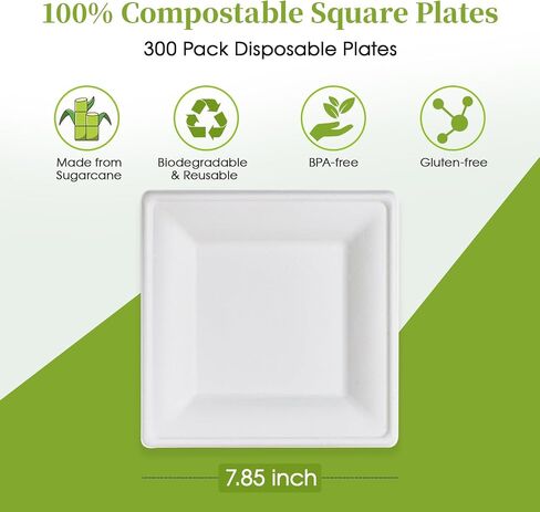 ECOLipak 6 Inch Compostable Square Paper Plates, 300 Count Heavy Duty White Small Paper Appetizer Plates, Disposable Biodegradable Dessert Plates for Daily meals, Dinner, Parties, BBQ in Saudi Arabia