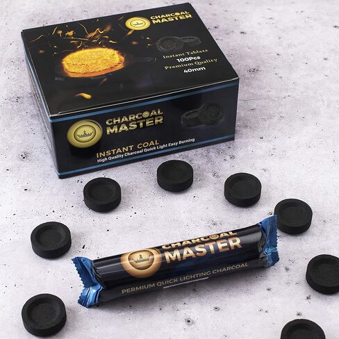 فحم سريع الإضاءة جديد من Charcoal Master - أقراص فحم فورية - أقراص فحم البخور - أقراص فحم - مجموعة من 100 قرص فحم لكل صندوق - قوالب فحم سريعة الإضاءة (كبسولة 40 مم) in Kuwait